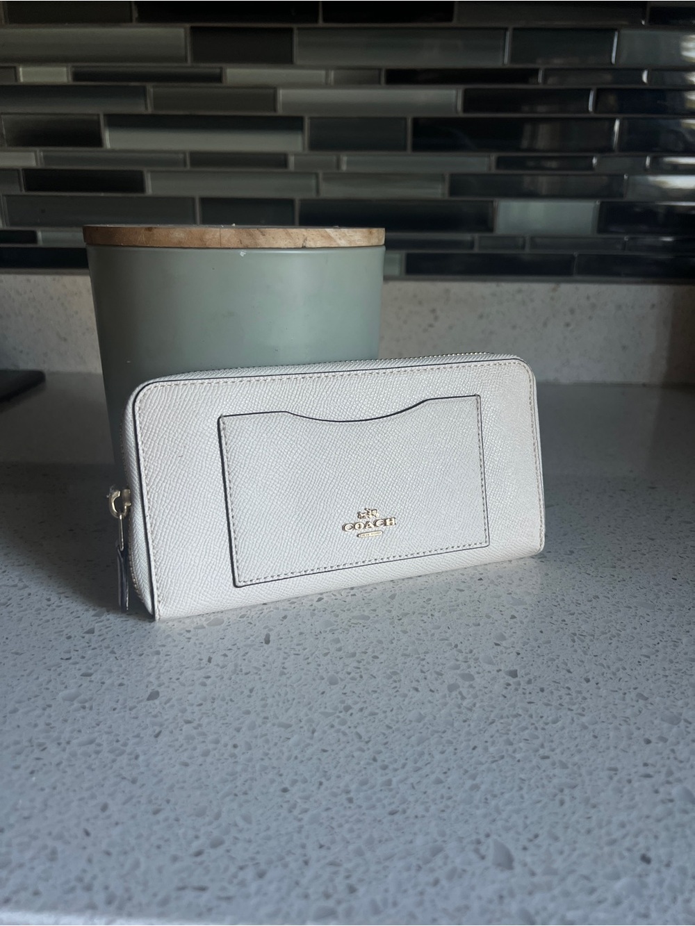 Coach White Zip-Around Saffiano Leather Wallet with Exterior Card Slot